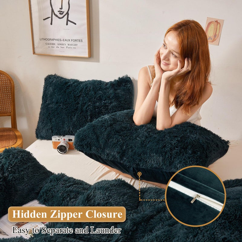 XeGe Faux Fur Throw Pillow Cases, Plush Shaggy Ultra Soft Pillow Covers, Fluffy Crystal Velvet Decorative Pillowcases, Furry Fuzzy Pillow Shams Zipper Closure, Set of 2 (Standard, Dark Green) - Image 3
